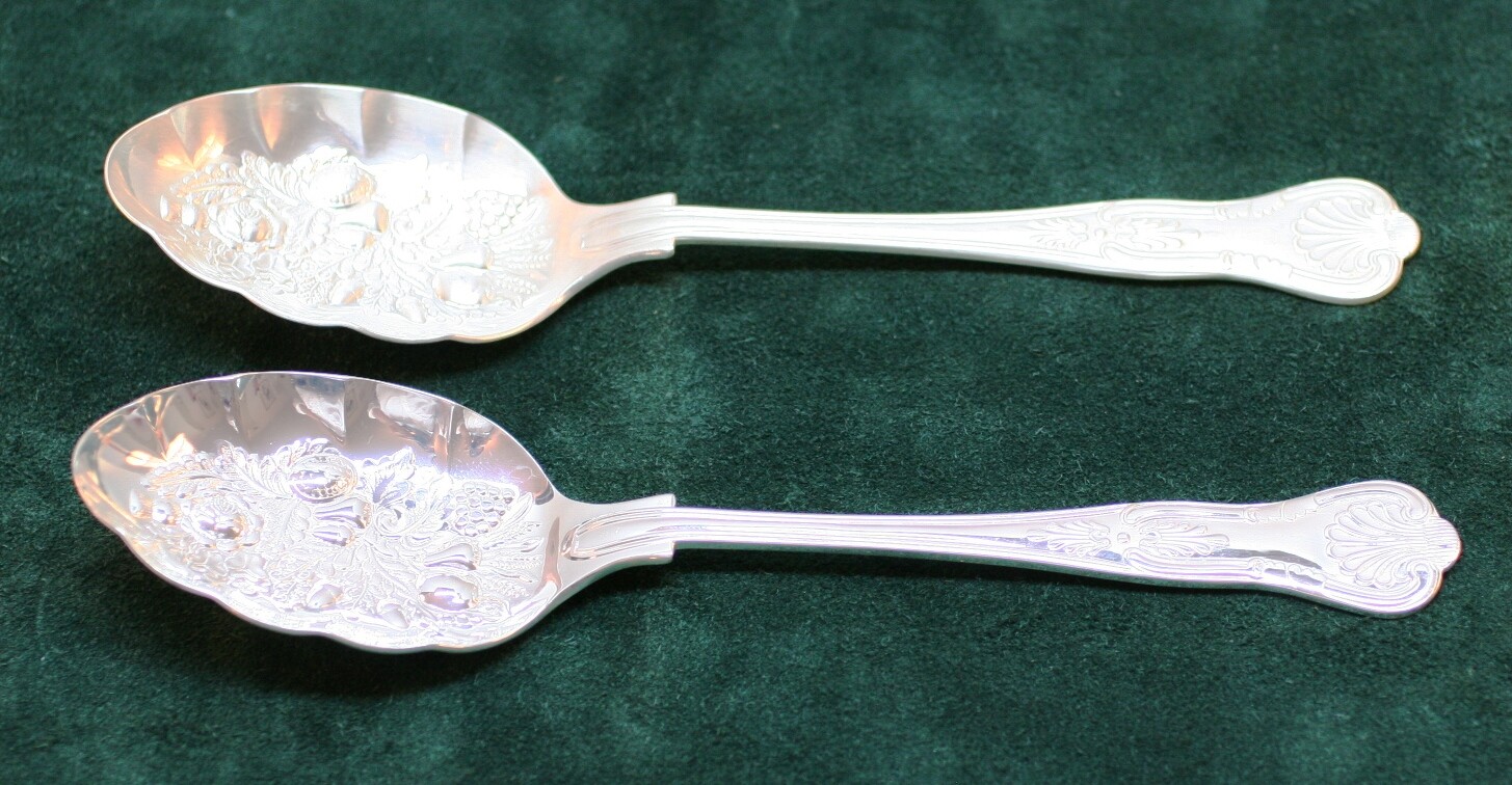 Two EPNS A1 Sheffield England Ornate Spoons 8 7/8" Embossed Fruit