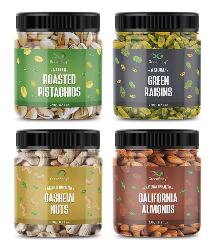 Dry Fruits Combo Pack of Almonds Cashews Raisin Roasted Pistachio Jar Pack of 4