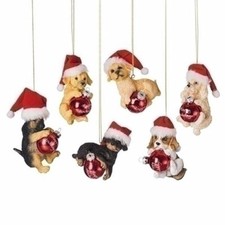 Puppies w/Santa Hat holding Ball Ornament