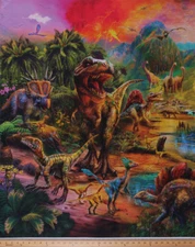 34.5" X 44" Dinosaurs T-Rex Jurassic Animals Digital Cotton Fabric Panel D673.50