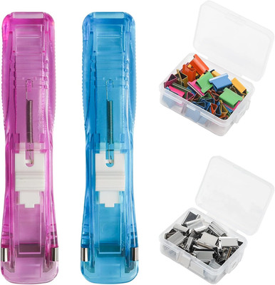 2Pcs Handheld Papers Clip Dispenser with 100Pcs Clam Refills,Portable Mini Push