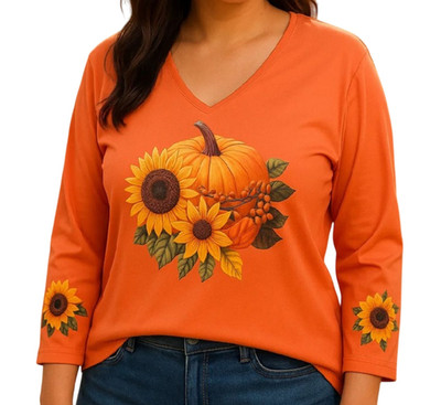 Pumpkin Sunflower Print Long Sleeve V Neck Fall Top Womens Size Large Polyester