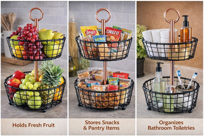 NEW Sam's Two-Tier Wire Storage Fruit Pantry Basket Bathroom Snack Stand Holder