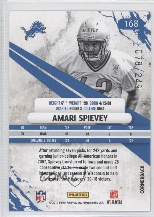 2010 Panini Rookies & Stars Rookie Longevity /249 Amari Spievey #168 RC - Image 2 of 2