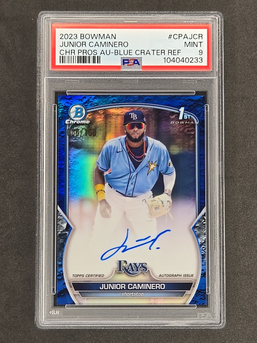 Junior Caminero 2023 1st Bowman Chrome Blue Crater 068/150 Auto PSA 9 MINT Rays