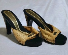 Vintage Carved Wooden Sole Tan High Heel Mule Slip On Sandals Italy Sz 6 Leather