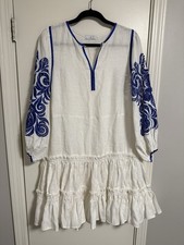 LINELBI 100% Linen Embroidered Boho Dress White Cobalt Blue Luxury Festival S