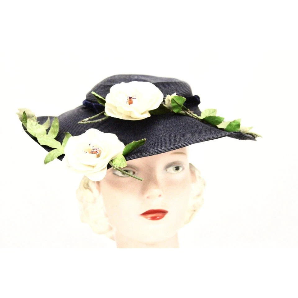 vtg RETRO 50s Womens Saucer Hat Wide Brim Church Dark Navy Straw Flowers O/S - Image 4 of 4