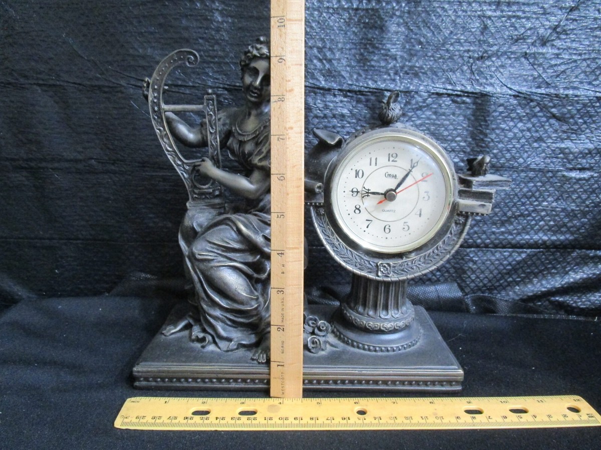 Vintage Lady Playing The Harp - Crosa Metal / Brass Mantel Clock