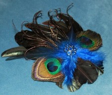 Fascinator feather clip Peacock Royal Blue Black  bridal photo prop headdress