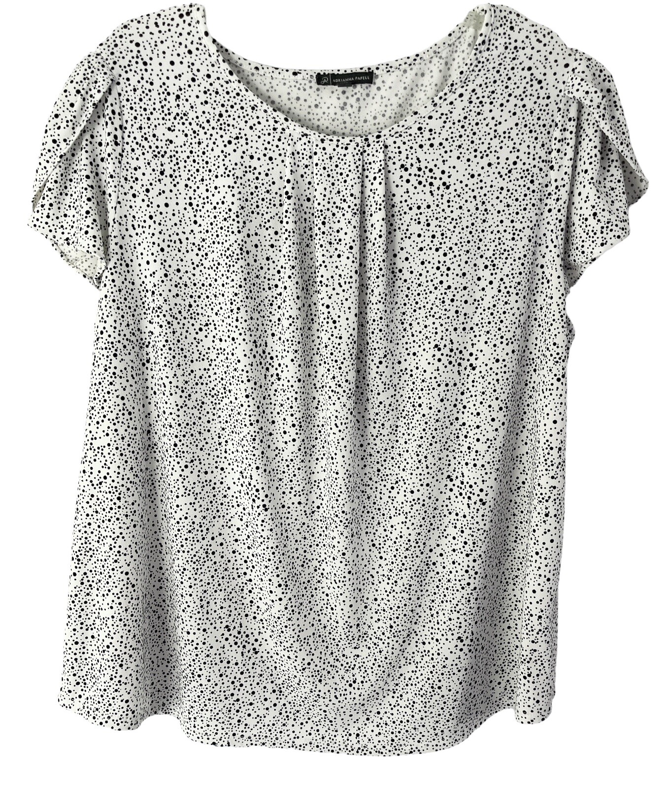 Adrianna Pappel 2X Top Stretch Knit White Black Dot Pleated Round Neck SS Blouse