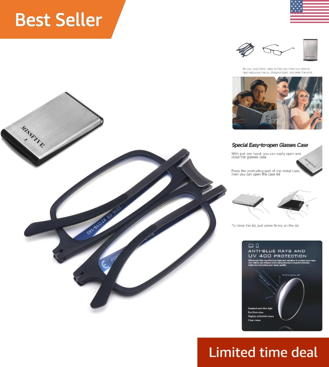 Lightweight Foldable Reading Glasses with Scratch-Resistant Lenses for Travel