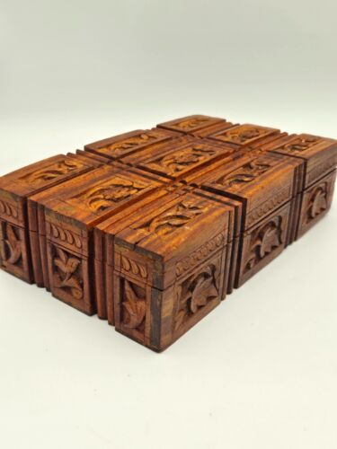 VTG Hand Carved Wood Jewelry Box Floral Inlay Trinket Storage Hinged India Boho - Picture 3 of 15