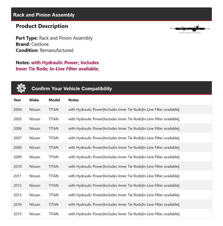 Para 2004-2015 Nissan TITAN conjunto de rack e pinhão Cardone 2005 2006 2007 2008 - Imagem 2 de 4