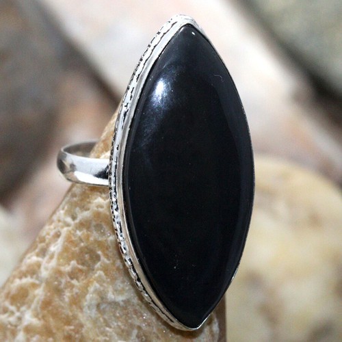 925 Silver Plated Black Obsidian Ethnic Ring Handmade Jewelry Size US 9.5 GW