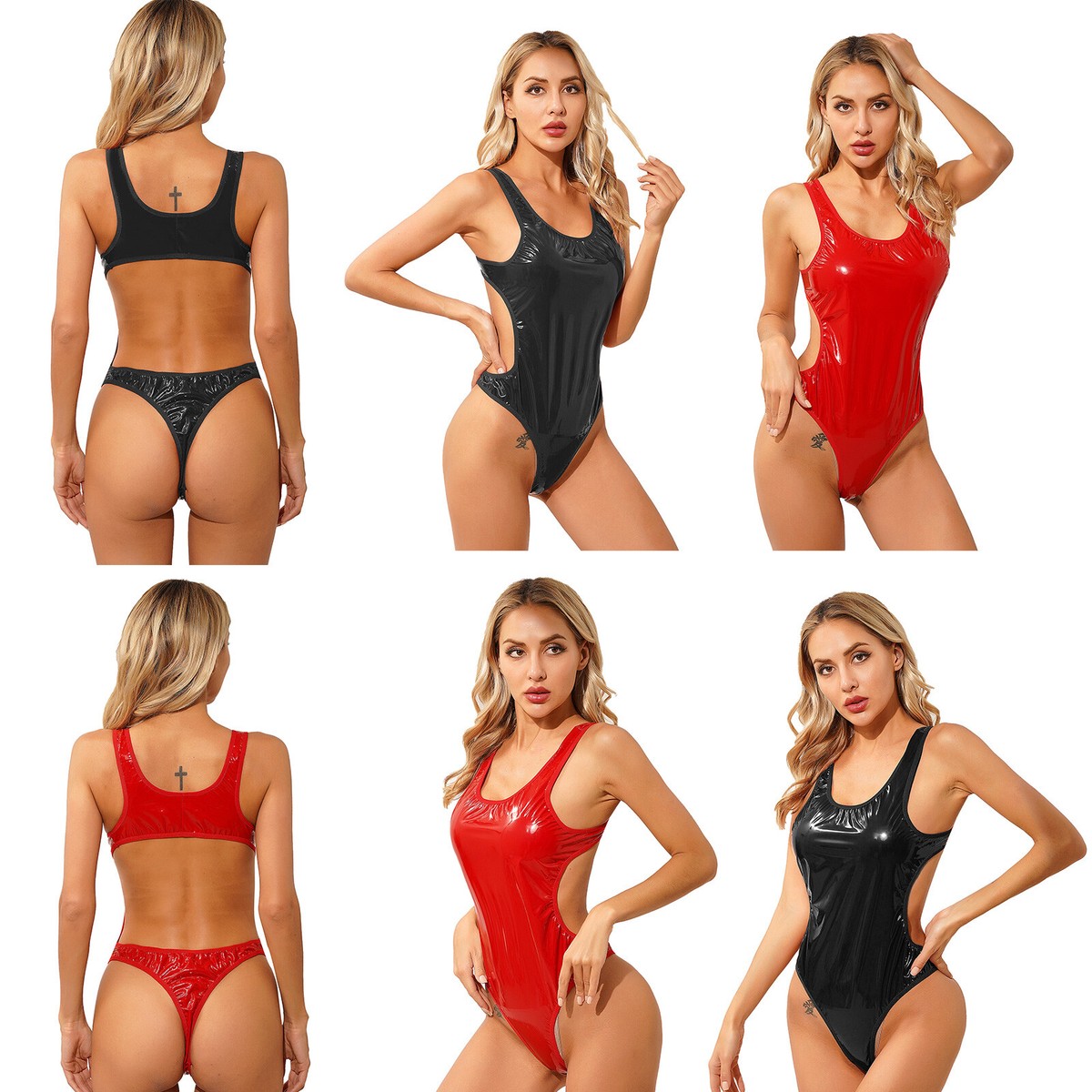 Women Patent Leather Swimwear Tank Bodysuit Wet Look Swimsuit Open