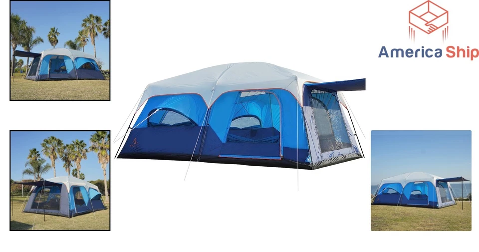 Tienda cabina extra grande - 12-14 personas, 2 habitaciones, 3 puertas y 3 ventanas - Impermeable Foto 2 de 4