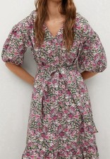 MNG by Mango Linda Floral Midi Dress Pink Cottagecore Puff Sleeve Size 2