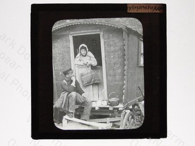 Wainwright Mann Uniform Frau Wagen Wohnwagen magische Laterne Glasdia um 1890
