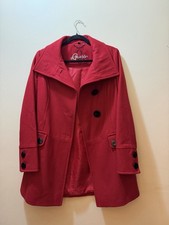 GUESS Women’s XS Red Fit Flare Dress Coat Oversized Collar Black Buttons