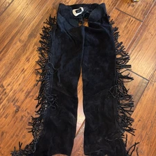 Black Suede Leather  Western Chaps 24-26” Waist Fringed Silver Trim Horse Cowboy