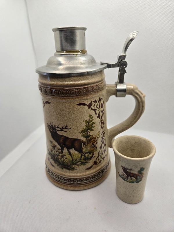 Rare Lidded German Beer Stein w/shot glass 9 3/4"