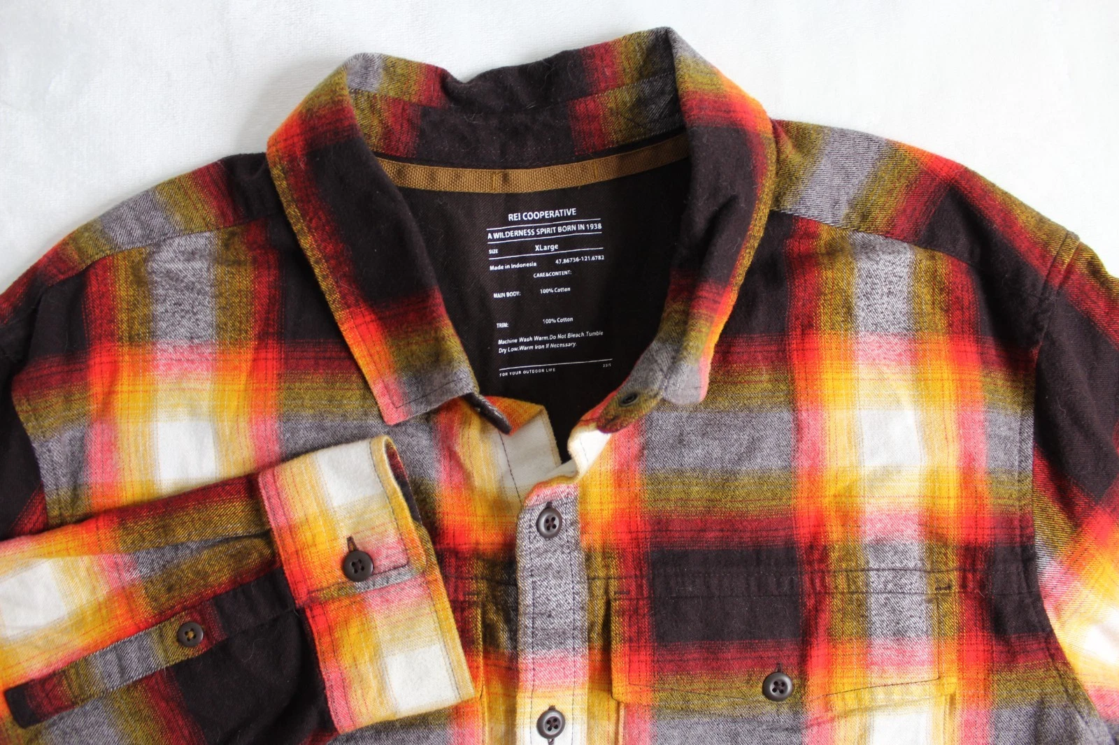 Mens XL X-Large REI Cooperative Flannel Yellow Orange Long Sleeve Shirt Outdoor