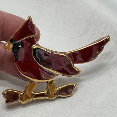 Handmade Enamel On Ceramic Cardinal Bird On A Branch Pin  Brooch