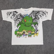 Vintage Rugrats Shirt Kids Large White Reptar 1996 All Over Print Youth 90s AOP