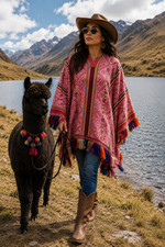 Vintage Andean Pink Poncho Handwoven Peruvian Wool Cape with Traditional Inca