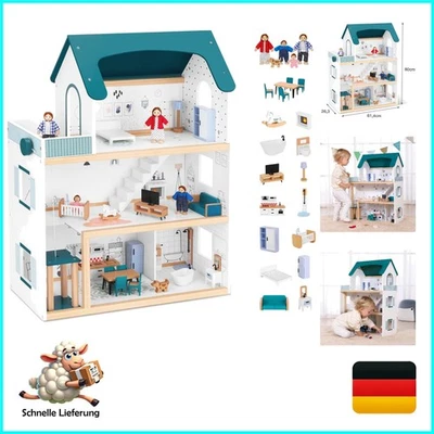 Puppenhaus Holz mit Aufzug, 1:12 Scale, inklusive 21 Möbel, 4 Puppen, Hund, g... - Bild 1 von 4
