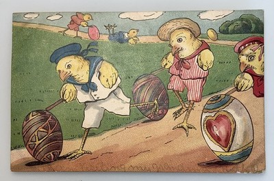 RARE CROSSOVER VINTAGE EASTER POSTCARD anthropomorphic Chicks Rolling Eggs 1906