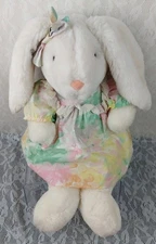 Commonwealth Bunny Rabbit White Floral Pastel Dress Bow 18” Plush Stuffed 1991