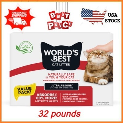 World s Best Cat Litter Ultra Absorb Unscented Corn Quick Clumping 32 pounds