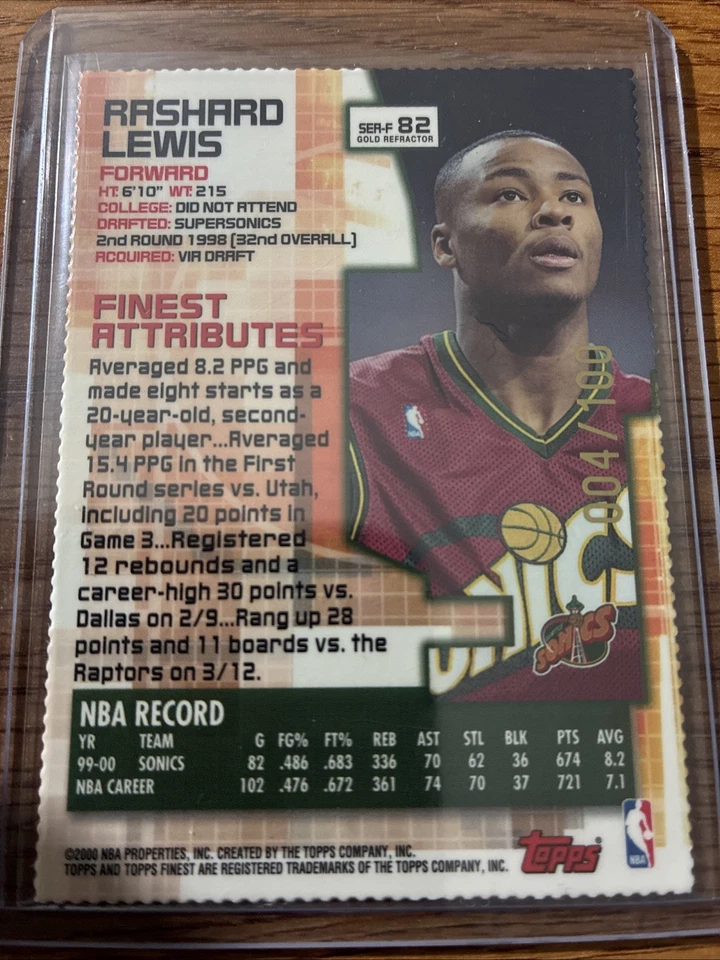 2000-01 Topps Finest RASHARD LEWIS Gold Refractor 4/100 #82 Supersonics RARE SP - Image 2 of 2