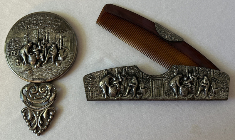 Vintage Hans Jensen Denmark Repousse Hand Mirror & Comb Set Silver Plate