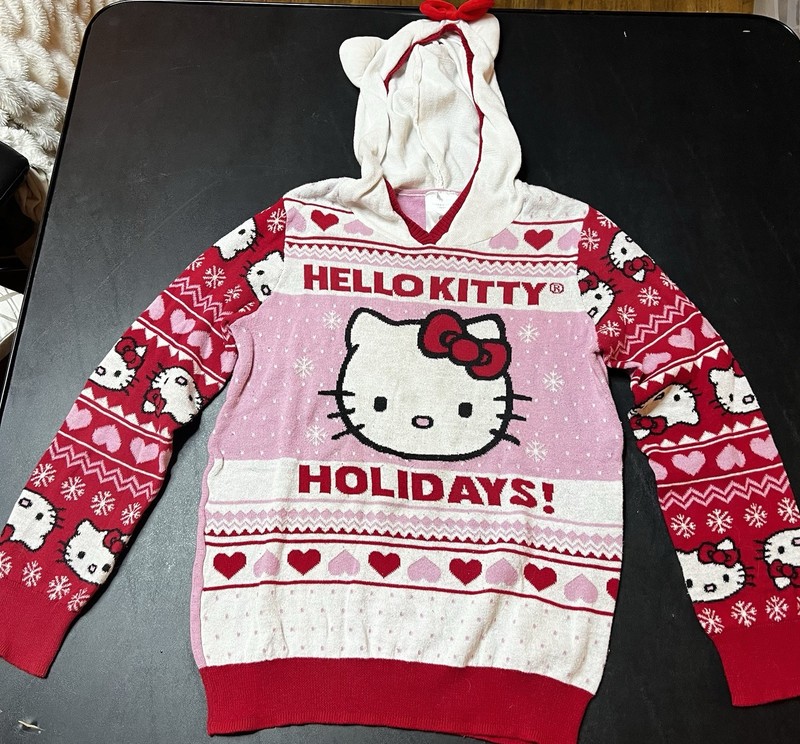Hello Kitty Holidays Pink Red Fair Isle Hooded Sweater Kids XL Sanrio 3D Ears