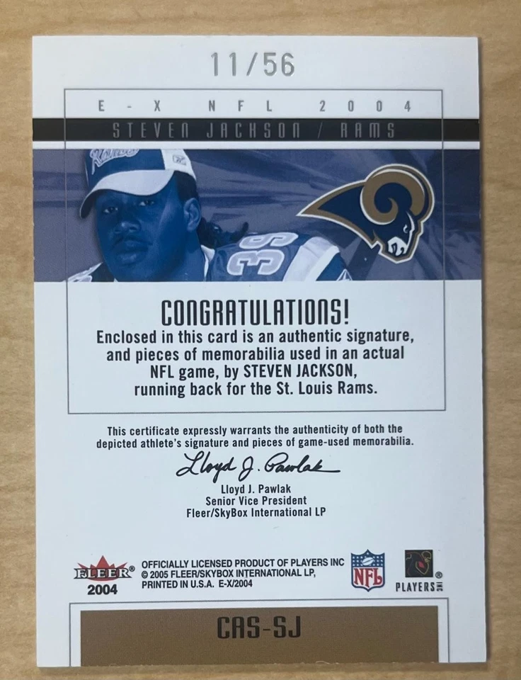 2004 Fleer E-X Clearly Authentics CAS-SJ Steven Jackson Auto Dual Jersey RC /56 - Image 2 of 2