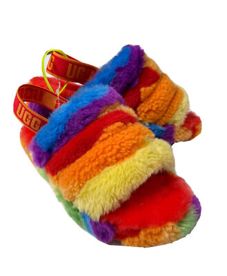 NEW UGG Fluff Yeah Rainbow or Stripes Faux Fur Slingback Slippers; US Sizes 6-9