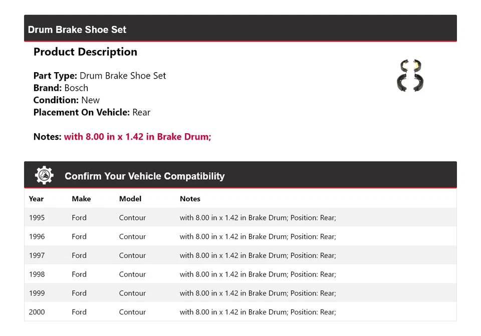 Juego de zapatas de freno de tambor traseras para Ford Contour Bosch 1995-2000 1996 1997 1998 1999 Foto 2 de 4