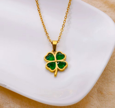 Four Leaf Clover Necklace Green Zircon Gems Gold Colored Chain New