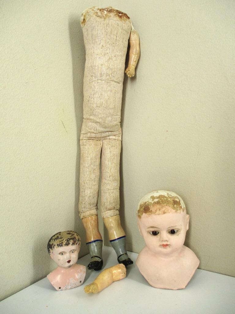 24" Antique Papier Mache Head Doll + German Minerva Tin Head PARTS