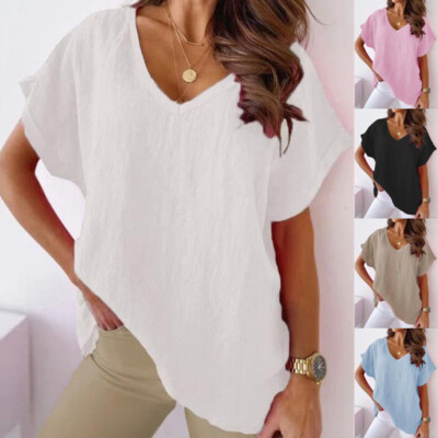 Womens Cotton Linen Tunic Tops Ladies V Neck T Shirt Loose Blouse Plus Size