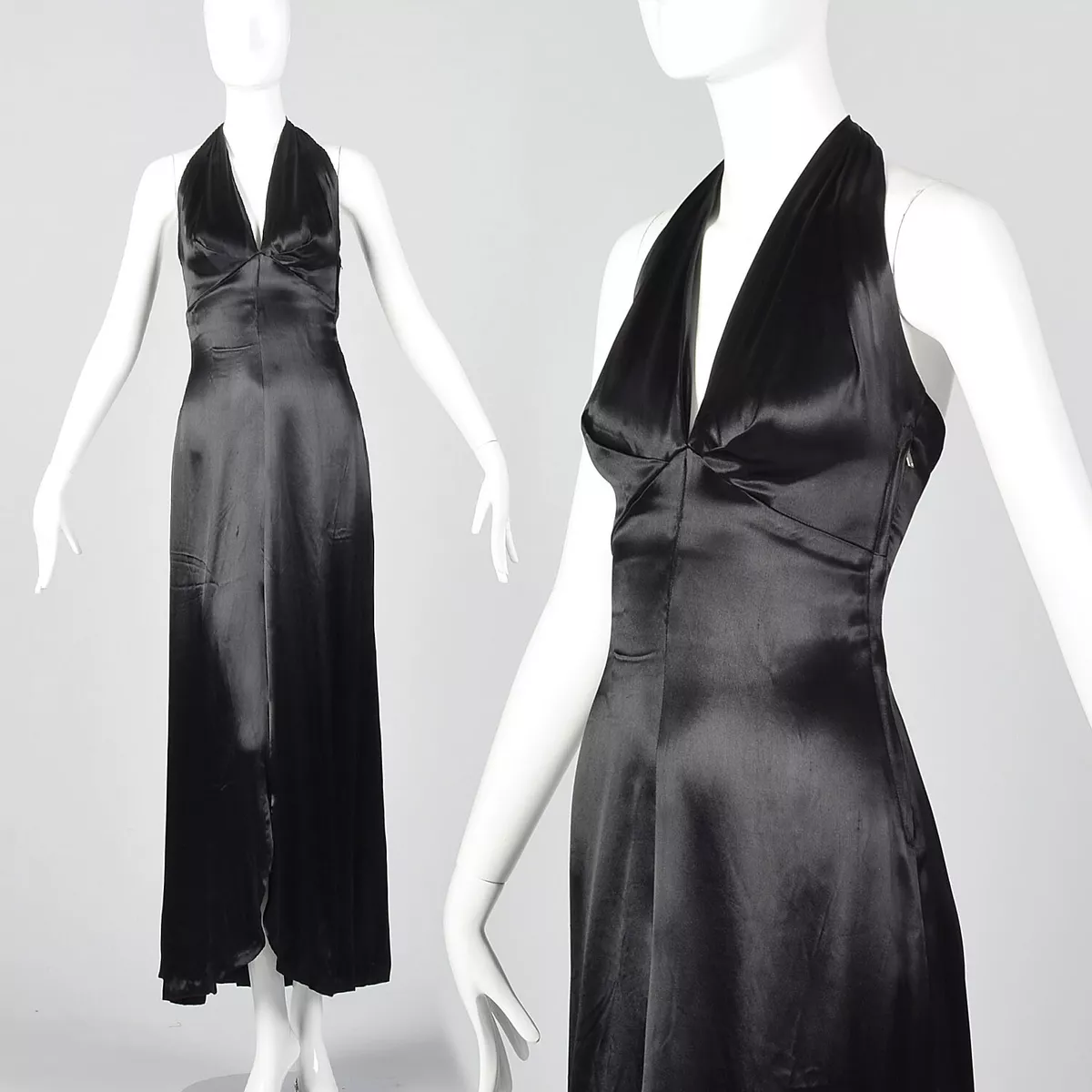 XXS 1930s Black Liquid Satin Halter Dress Backless Evening Gown