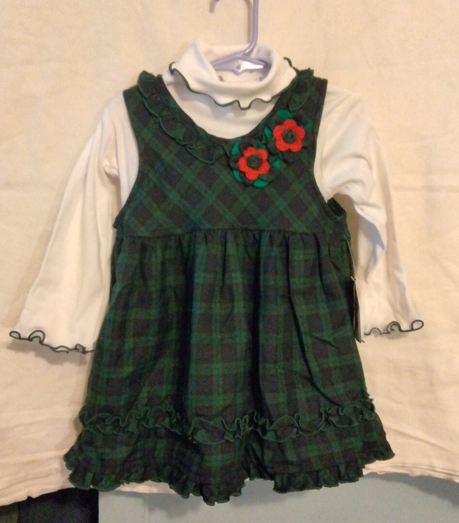 SAMANTHA SAYS GREEN PLAID CHRISTMAS JUMPER DRESS W/WHITE LS KNIT TOP 3T NWT