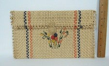 VTG 1960s COATED RATTAN STRAW CLUTCH HANDBAG 3D FLOWERS 12" by 7 1/4" LOOKS NEW