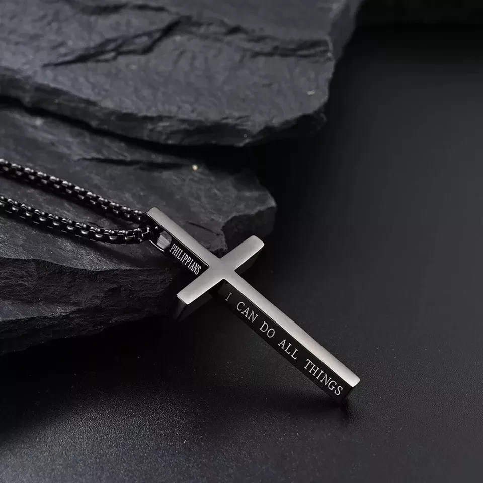 Men Women Cross Necklace Stainless Steel Christian STRENGTH Pendant Chain 24" - Image 3 of 4