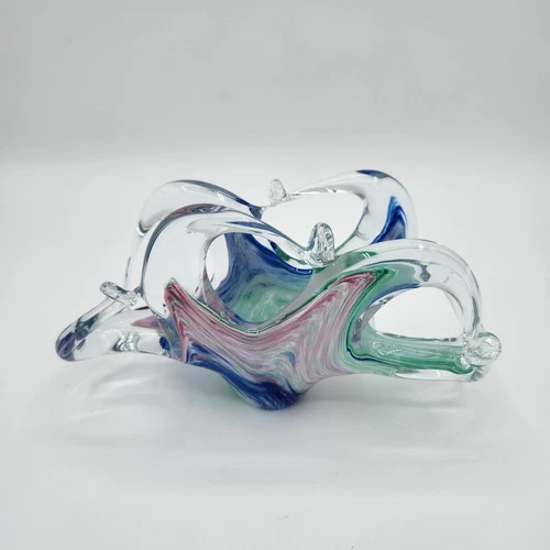 Murano Lavorazione Art Glass Napkin Letter Holder Trinket Dish Blue Green Swirl