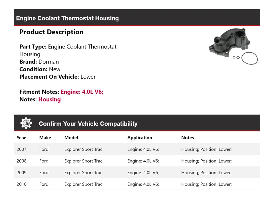 Carcasa termostato refrigerante motor Ford Explorer Sport Trac Dorman 2007-2010 Foto 2 de 4