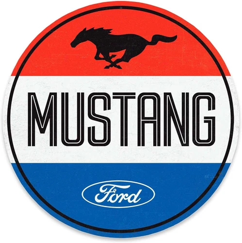Ford Mustang Red, White and Blue Round Metal Sign - Vintage Car Tin Metal Signs